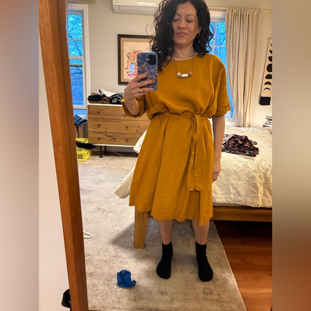 Saffron/Mustard belted linen midi dress